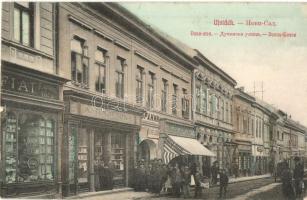 Újvidék, Novi Sad; Duna utca, Ludwig Wurst és Pajevic üzlete / street, shops (b)