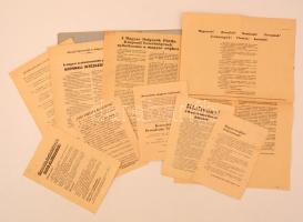 1956-os röplapok, 10 db, különféle szervezetek kiadásában (Magyar Ifjúság, Magyar Forradalmi Bizottmány, KDNP, Egyetemi Forradalmi Diákbizottság, MDP, Szakszervezetek Országos Tanácsa, Országos Légvédelmi Parancsnokság, és A zsarnokság ellen küzdő magyar nép), benne a forradalom híreivel. Érdekes anyag. Különféle méretben, változó, kissé foltos, kissé szakadozott, de alapvetően jó állapotban.