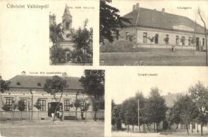 Valkány, Valkani; Községháza, takarékpénztár, Tenner Mór kereskedése, Római katolikus templom / town hall, savings bank, shop, church (EK)