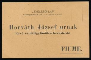 1903 Fiume, Horváth József kávé és déligyümölcs kereskedőfejléces borítékja, levelezőlapja és árlapj...
