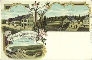 Moldava, Moldau i. Böhmen; Gasthaus zum Fischerhaus, Zollamt, Bahnhof / guest house, railway station, deer, floral, litho (EK)