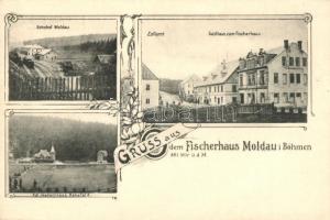 Moldava, Moldau i. Böhmen; Gasthaus zum Fischerhaus, Bahnhof, Kgl. Jagdschloss Rehefeld / guest house, railway station, hunting castle, floral Art Nouveau