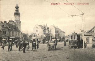 Sopron, Várkerület, Grabenrunde; villamos, Pollák Arnold üzlete (EK)