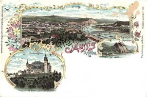 Ústí nad Labem, Aussig a/ Elbe; Ferdinandshöhe, Schreckenstein / castles, floral, litho; Kunstanstalt Karl Schwidernoch (surface damage)