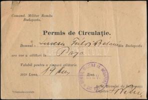 1919 A megszálló román hatóságok által kiállított utazási igazolvány