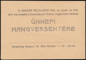 1948 Bp., A Magyar Pálos rend meghívója ünnepi hangversenyére