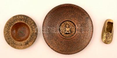 Réz tárgyak (3 db): cipőcske, Buddha tál, tálka d:11-19 cm