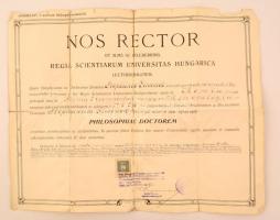 1913 A Kir. Magy. Tudományegyetem által kiállított kémiai egyetemi (doktori) oklevél, okmánybélyegekkel, hátoldalán ragasztószalagokkal javítva