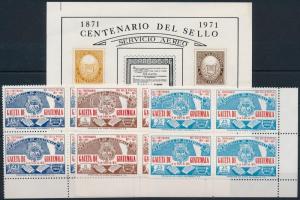 100 éves a guatemalai újság sor ívsarki 4-es tömbökben + 100 éves a guatemalai bélyeg blokk, Guatemalan newspapers set in corner block of 4 + Guatemala stamp block