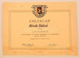 1948 Az állami tulajdonba vett Goldberger gyár két munkáspártjának egyesülése alkalmából kiadott. részben kézzel festett oklevél  34x25 cm