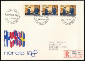 Nemzetközi Bélyegkiállítás 3-as csík ajánlott FDC-n, International Stamp Exhibition stripe of 3 on registered FDC