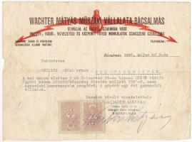 1938 Wachter Mátyás műszaki vállalatának távirata, Bácsalmásról Felsőszentivánra, az eladott Orion rádió ügyében, fejléces papíron, okmánybélyeggel, hajtásokkal, kissé foltos állapotban, a hajtásnál kisebb szakadással, 20x15 cm.