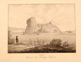 1820 Jacob Alt rajza nyomán Adolf Kunike: Dévény romjai a Duna mellett. Nagyméretű kőnyomat a Donau Ansichten c. mappából. Képet nem érően restaurált. / Ruins of Theben near the Danube. Large lithography from the series of Donau Ansichten. Restored. 52x38 cm,