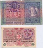 1904. 10K + 1916. 1K mindkettő hamis "Baranya-Bajai Szerb-Magyar Köztársaság" felülbélyegzéssel (fake overprint) T:III,III-