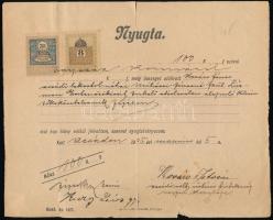 1905 Fizetési nyugta, Acsád, 30 és 8 filléres okmánybélyeggel, kisebb szakadásokkal, aláírásokkal.