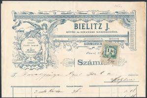 1898 Körmend, Bielitz J. rőfös- és divatáru kereskedése. Számla díszes fejléccel, 1 kr okmánybélyeggel