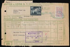 1943 Hutter és Lever Rt. szappan, növényzsír és olajgyár számlája, Csipes József cégének Túrkevére, 2f okmány-, 20f postai illetékbélyeggel, pecsétekkel, szakadásokkal.