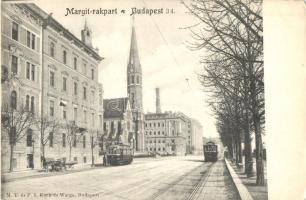 Budapest I. Margit rakpart, református templom, villamosok, Fischer Károly üzlete (EK)