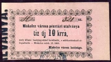 Miskolc 1860. 10kr világos rózsaszín papíron vastagabb más típusú betűkkel nyomva T:1