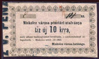 Miskolc 1860. 10kr szürke papíron vékony betűk és számok szövegben elcsúszott "l" betű T:I