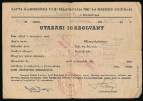 1946 Magyar Államrendőrség hegyeshalmi kirendeltsége által kiállított, utazási igazolvány, pecséttel, aláírással.