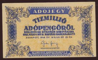 1946. 10.000.000AP barnás-fehér papíron, vízjeles, címer fordított előoldalon, kék festék túladagolva, elmázolva. T:I- (kis hibás)