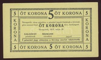 Sárospatak 1919. 5K hátlapi bélyegzővel T:I