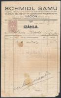 1935 Schmidl Samu fűszer-, festék-, rövidáru és szesznagykereskedésének számlája, fejléces papír, Vác, 2f okmánybélyeggel, foltos.