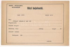 cca 1940 Éden Szálloda házi bejelentő lapja, kitöltetlen.