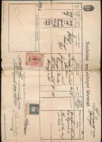 1909 Születési anyakönyvi kivonat, 1kr anyakönyvi kivonati díj bélyeggel, és 1kr okmánybélyeggel, foltos, szakadozott, a hátoldalán ragasztott.