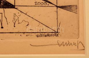 Hincz Gyula (1904-1986): Dimenziók, rézkarc, papír, jelzett, üvegezett fa keretben, 29,5×33,5 cm