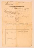 1908 Tenyészigazolvány, Baja, foltos, a hátoldalán ragasztott.