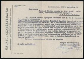 1942 Halasi takarékpénztár távirata Kiskunhalasról Bácsalmásra, fejléces papíron.