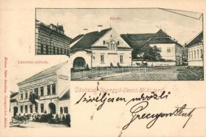 Gyergyószentmiklós, Gheorgheni; Kis tér, Laurentzi szálloda, kiadja Kricsa Péter / square, hotel (vágott / cut)