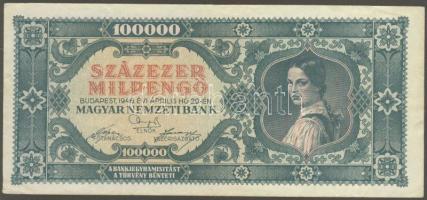 1946. 100.000Milpengő sorozat- és sorszám extrém balra csúszva! T:II