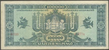 1946. 100.000Milpengő sorozat- és sorszám extrém balra csúszva! T:II