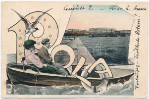 Pola, feliratos üdvözlőlap csónakázó párral / greeting card with boating couple (EB)