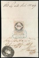 1868 Németújvár, Kétnyelvű igazolási jegy, hátoldalán 15kr okmánybélyeggel / ID