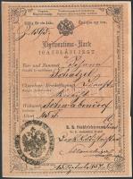 1857 Igazolási jegy, hátoldalán 6 kr C.M. okmánybélyeggel / ID