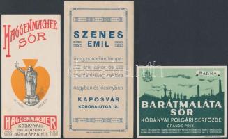 cca 1910 4 db magyar reklámnyomtatvány (Haggenmacher számolócédula, 2 db kaposvári számolócédula, 1 db Barát maláta sörcímke)