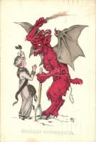 Krampus and lady, H. H. i. W. No. 1256. artist signed (EK)