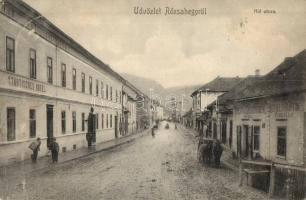 Rózsahegy, Ruzomberok; Híd utca, Városi Szálló, Stollár Márton vendéglője, Rózsahegyi Hírlap / street, hotel, restaurant, newspaper office  (EK)