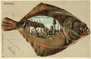 Mohács, Halásztanya a mohácsi szigeten, halas Emb. litho, kiadja Weiser Miksa