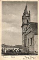 Beszterce, Bistritz, Bistrita; Horthy Miklós tér, templom, kiadja Csallner Károly / square, church (ázott sarok / wet corner)