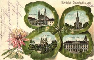 Szombathely, Székesegyház, Evangélikus templom, Kálvária, Püspöki vár, lóherés floral, litho; kiadó Steiner Testvérek (EK)