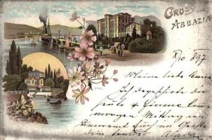 1897 Abbázia, Abbazia; Stefánia Koronahercegnő Hotel, gyógyfürdő, kikötő / Hotel, spa, port, floral litho (EK)