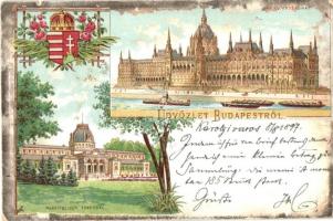 Budapest, Országház, Margitszigeti fürdőház, címer, floral, litho (kis szakadás / small tear)