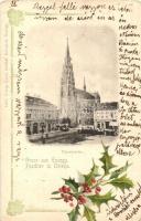 Eszék, Esseg, Osieka; Plébániatemplom / Pfarrkirche / church, floral, litho (ázott sarok / wet corner)
