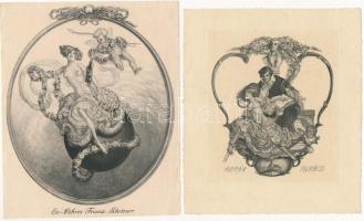 Franz von Bayros (1866-1924): 7 db erotikus ex libris. Klisé, papír, jelzés a klisén, egyiken sarokt...