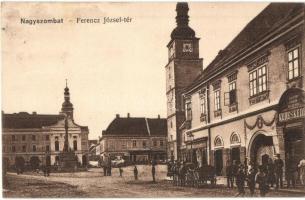 Nagyszombat, Trnava; Ferenc József tér, Bauer Károly és posztó, vászon és divatáru kereskedés / square, shops